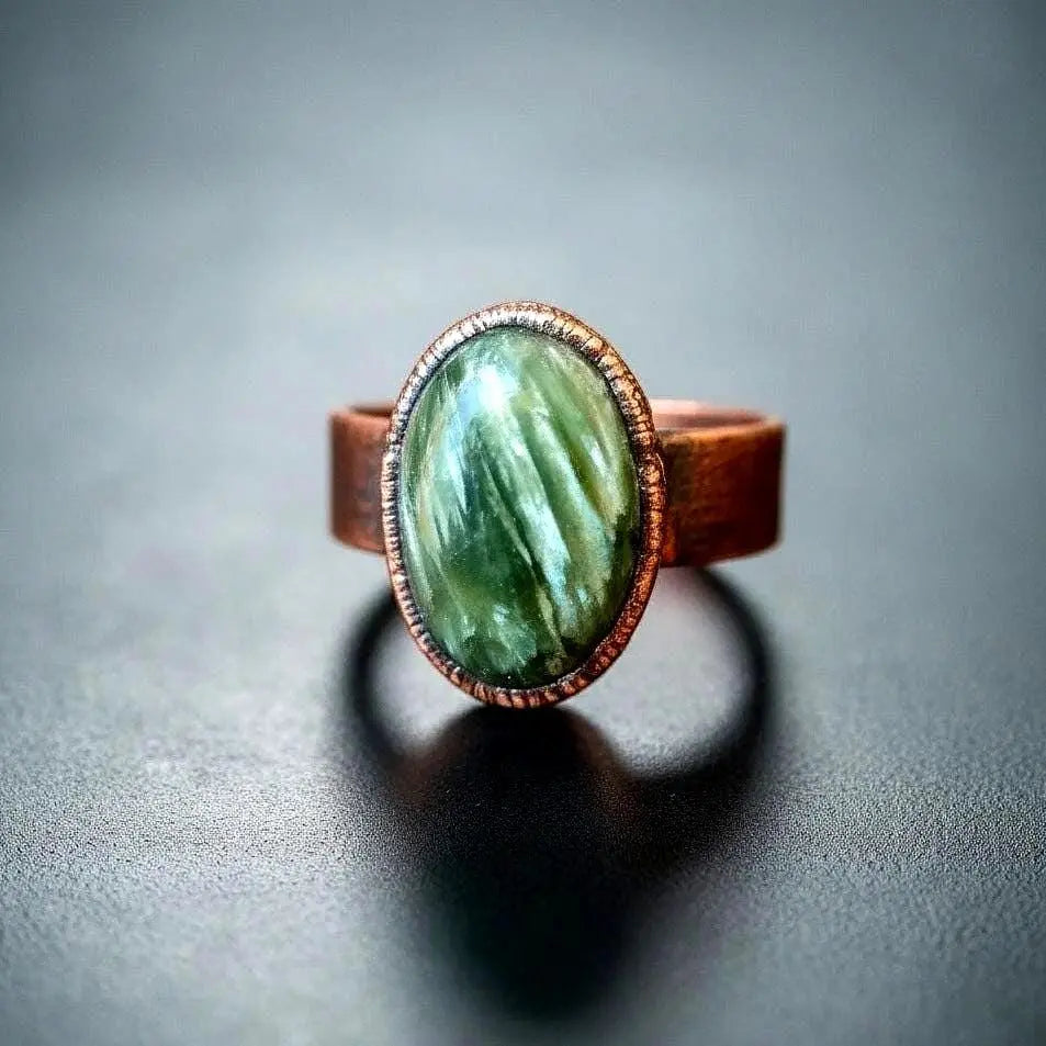 Handmade Seraphinite Crystal Ring: Electroformed Copper Boho Band - BlackbirdSageStudio