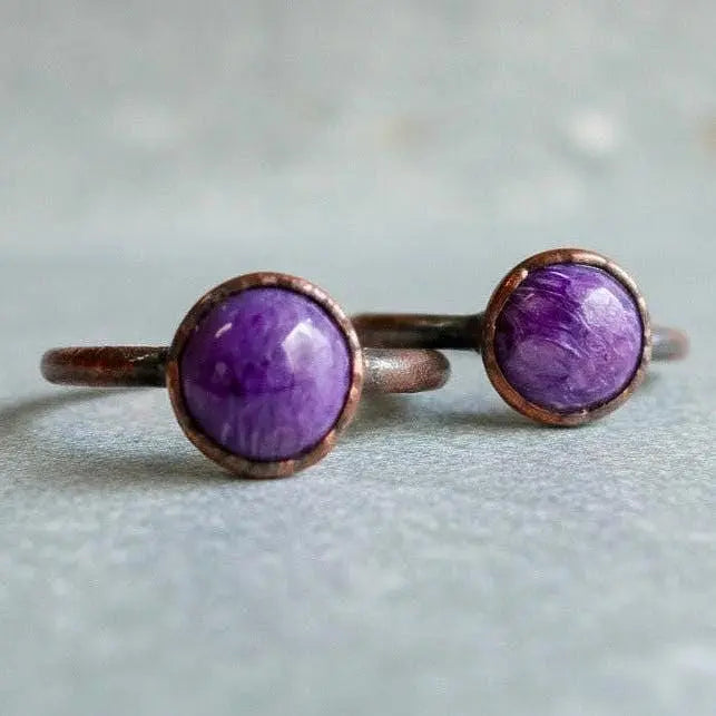 Electroformed Charoite Copper Ring: Hand Hammered Bohemian Jewelry - BlackbirdSageStudio