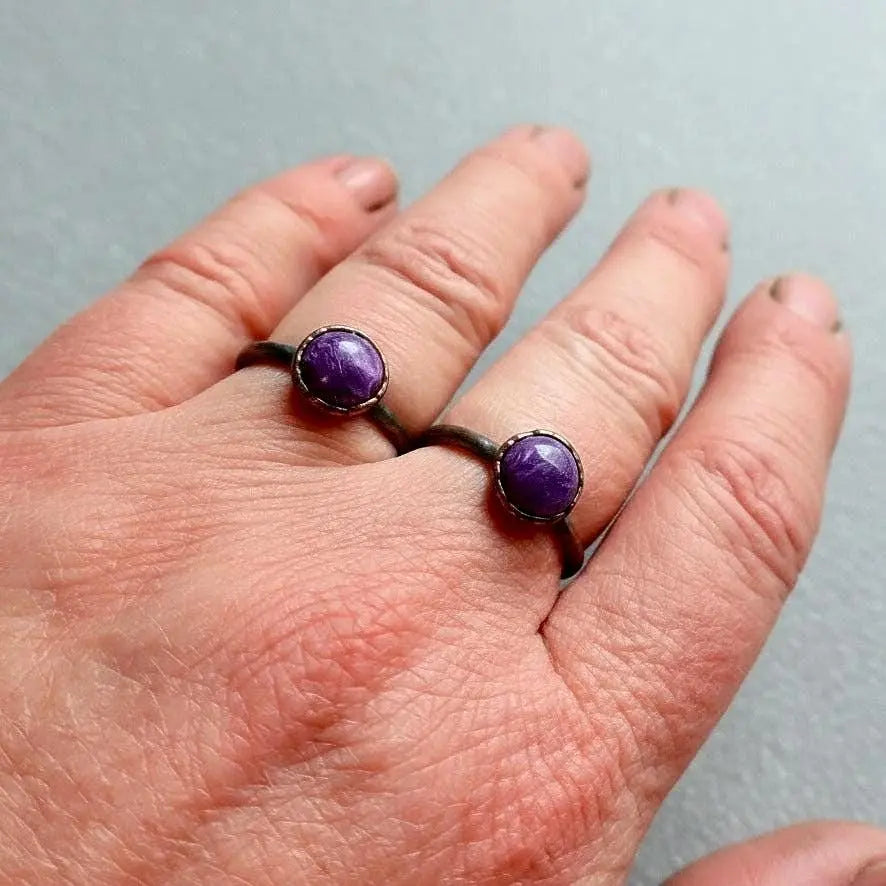 Electroformed Charoite Copper Ring: Hand Hammered Bohemian Jewelry - BlackbirdSageStudio