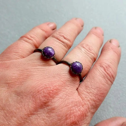 Electroformed Charoite Copper Ring: Hand Hammered Bohemian Jewelry - BlackbirdSageStudio