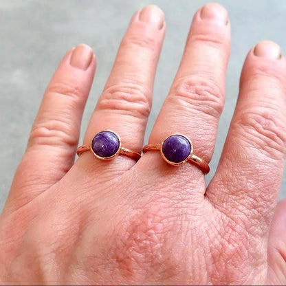 Electroformed Charoite Copper Ring: Hand Hammered Bohemian Jewelry - BlackbirdSageStudio