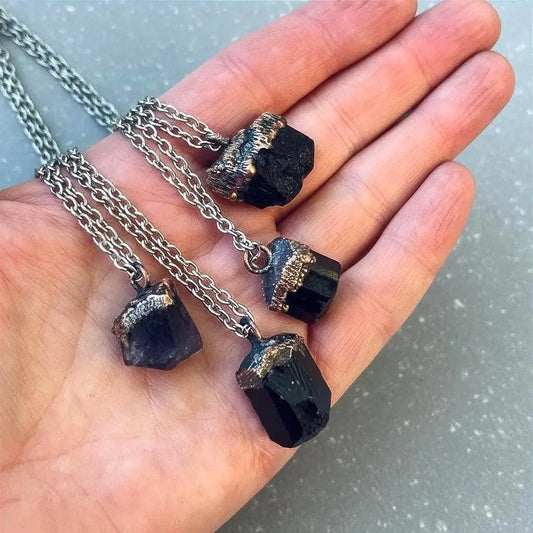 Black Tourmaline Mens Necklace: Electroformed Copper & Steel, Boho Healing Crystal - BlackbirdSageStudio