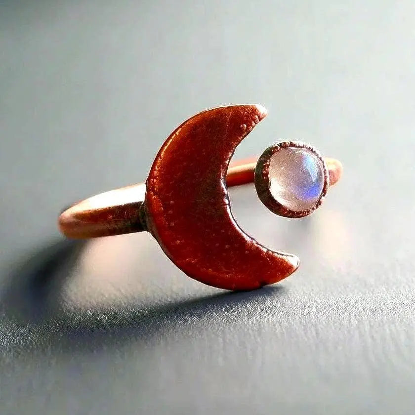 Electroformed Copper Moonstone Ring: Crescent Moon Boho Jewelry - BlackbirdSageStudio