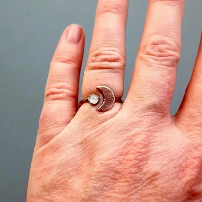 Electroformed Copper Moonstone Ring: Crescent Moon Boho Jewelry - BlackbirdSageStudio