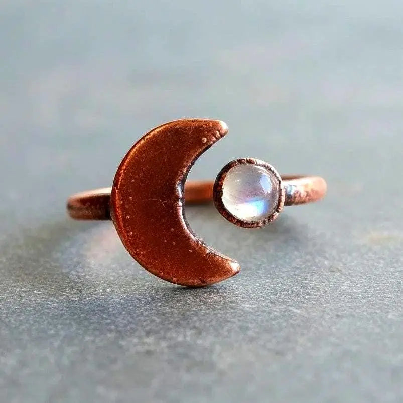 Electroformed Copper Moonstone Ring: Crescent Moon Boho Jewelry - BlackbirdSageStudio