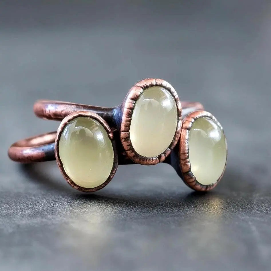 Prehnite Copper Ring | Handcrafted Electroformed Healing Crystal Jewelry | Bohemian Size 5-9 US/CA - BlackbirdSageStudio