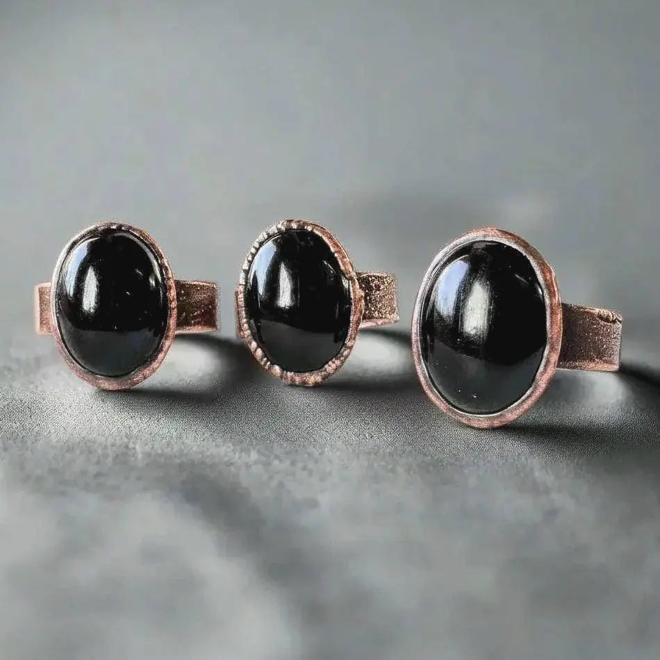 Onyx Statement Ring Handmade Copper Electroformed Boho Jewelry Witchy Black Stone Crystal Gift - BlackbirdSageStudio