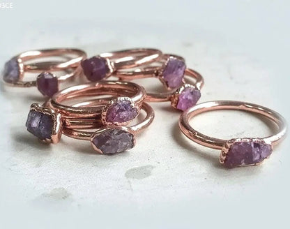 Dainty Raw Pink Tourmaline Copper Ring: Electroformed Stacking Ring - BlackbirdSageStudio