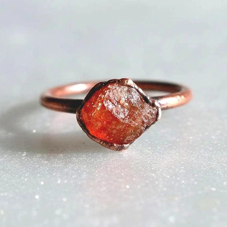 Raw Sunstone Ring: Electroformed Copper Band, Unique Crystal Jewelry - BlackbirdSageStudio