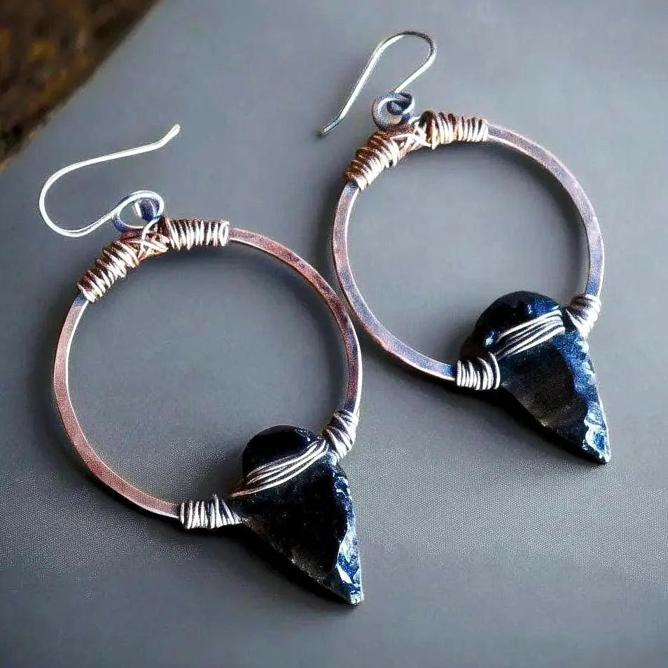 Handcrafted Black Obsidian Arrowhead Earrings: Copper Boho Hoops - BlackbirdSageStudio