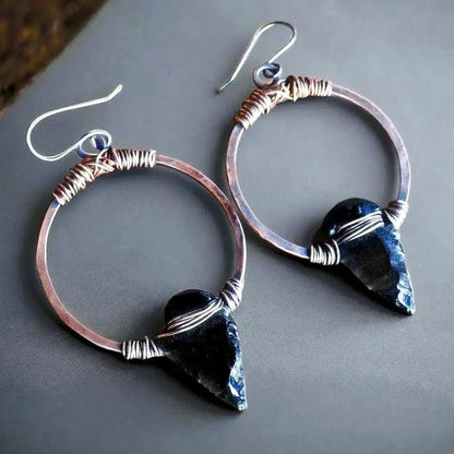 Handcrafted Black Obsidian Arrowhead Earrings: Copper Boho Hoops - BlackbirdSageStudio