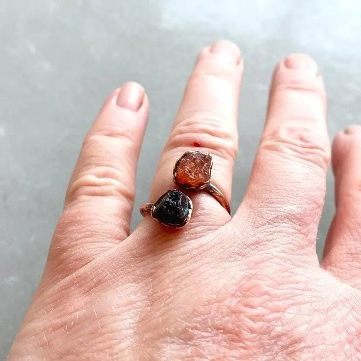 Raw Black Tourmaline Sunstone Copper Ring: Electroformed Open Band - BlackbirdSageStudio