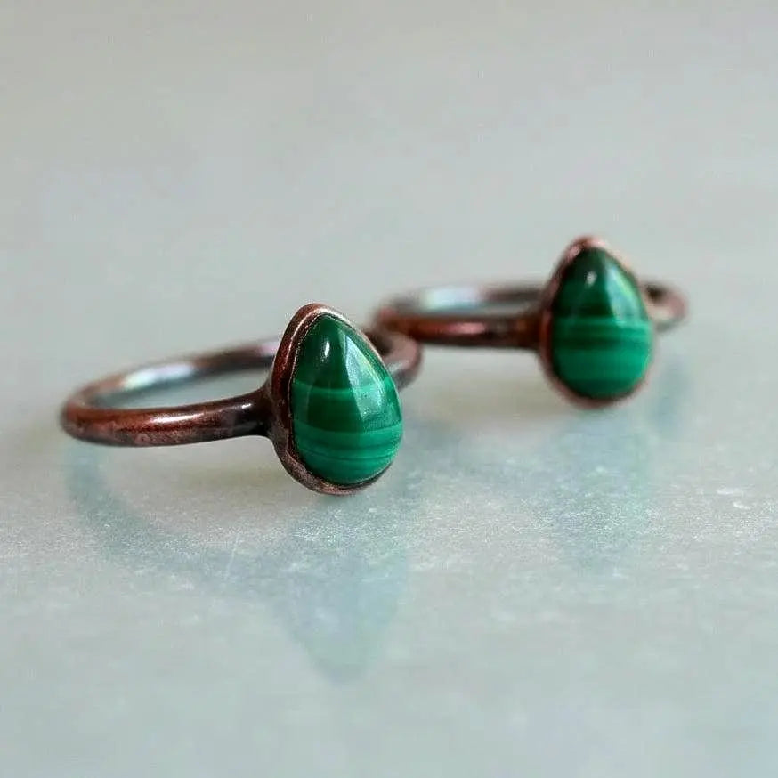 Teardrop Malachite Ring: Electroformed Copper Rustic Jewelry, Crystal Jewelry Gift, Holiday Present For Her - BlackbirdSageStudio