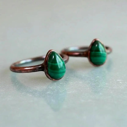 Teardrop Malachite Ring: Electroformed Copper Rustic Jewelry, Crystal Jewelry Gift, Holiday Present For Her - BlackbirdSageStudio