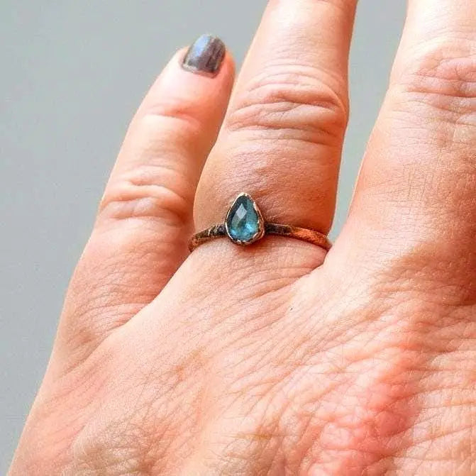 London Blue Topaz Copper Ring – Handmade Electroformed Stacking Crystal Ring with Healing Stone - BlackbirdSageStudio