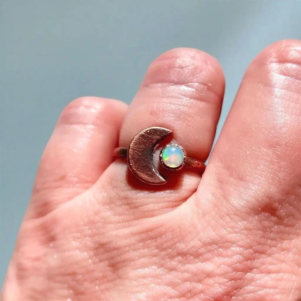 Electroformed Copper Crescent Moon Opal Ring - October Birthstone - BlackbirdSageStudio
