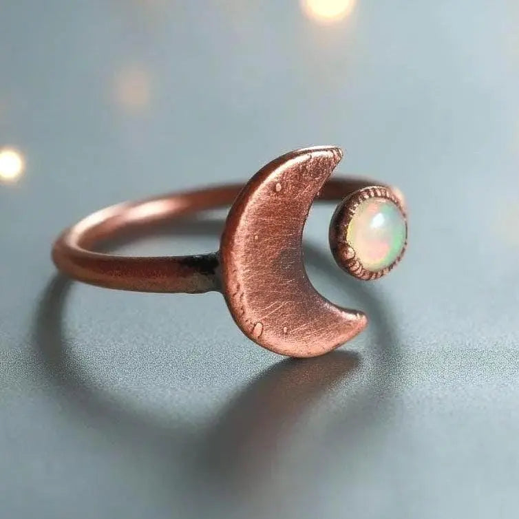 Electroformed Copper Crescent Moon Opal Ring - October Birthstone - BlackbirdSageStudio