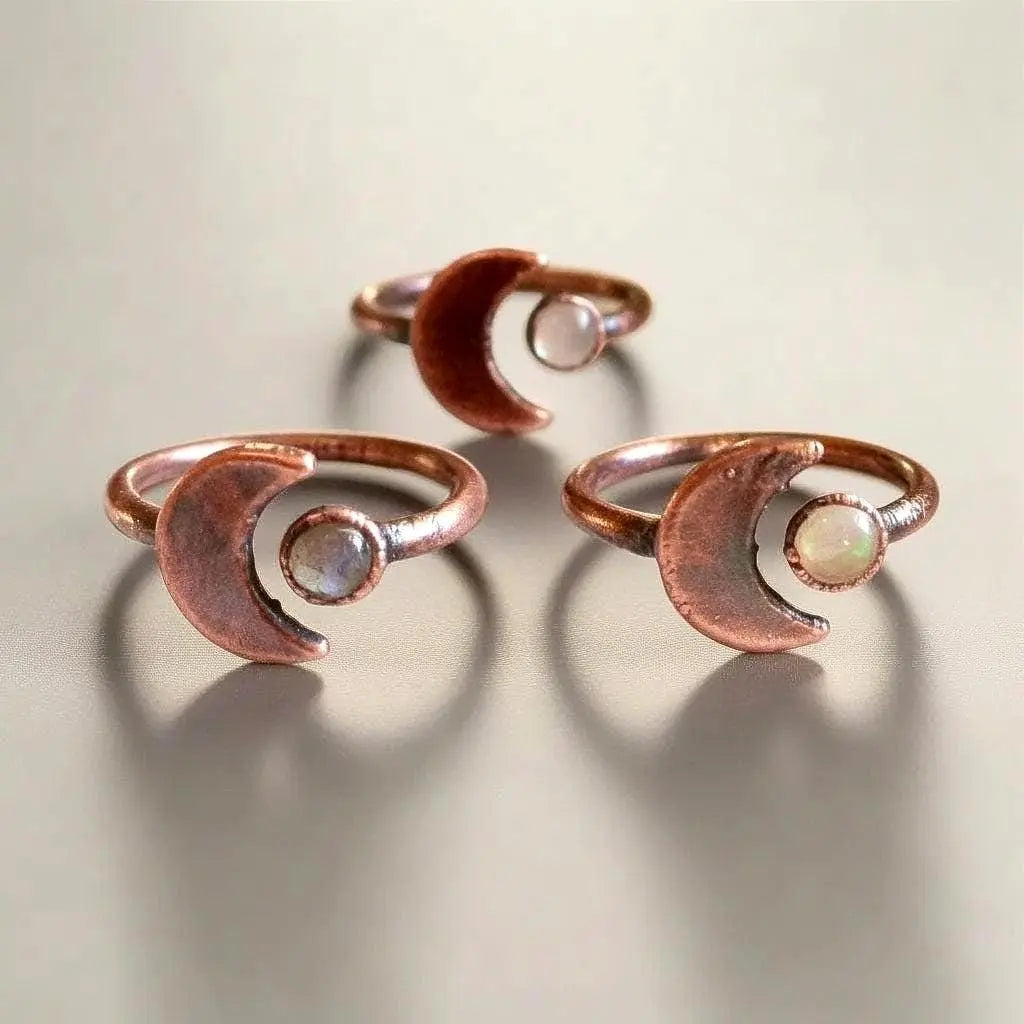 Electroformed Copper Crescent Moon Opal Ring - October Birthstone - BlackbirdSageStudio