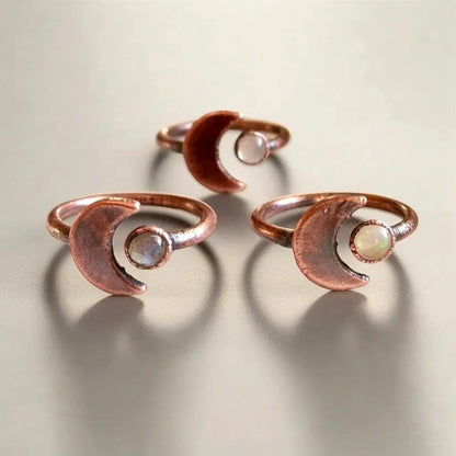 Electroformed Copper Crescent Moon Opal Ring - October Birthstone - BlackbirdSageStudio