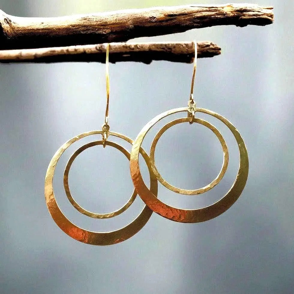 Hand Hammered Brass Hoop Earrings: Boho Full Circle Jewelry - BlackbirdSageStudio