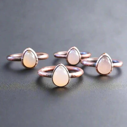 Electroformed Copper Ring: Pink Chalcedony Pear Cabochon, Boho Style - BlackbirdSageStudio