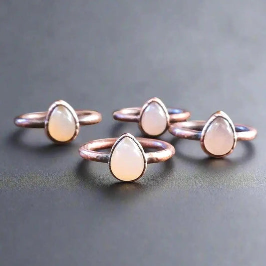 Electroformed Copper Ring: Pink Chalcedony Pear Cabochon, Boho Style - BlackbirdSageStudio