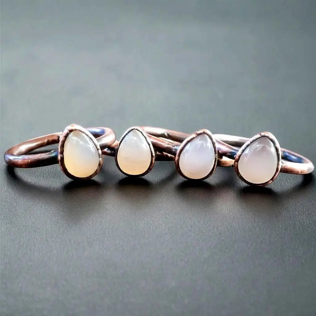 Electroformed Copper Ring: Pink Chalcedony Pear Cabochon, Boho Style - BlackbirdSageStudio