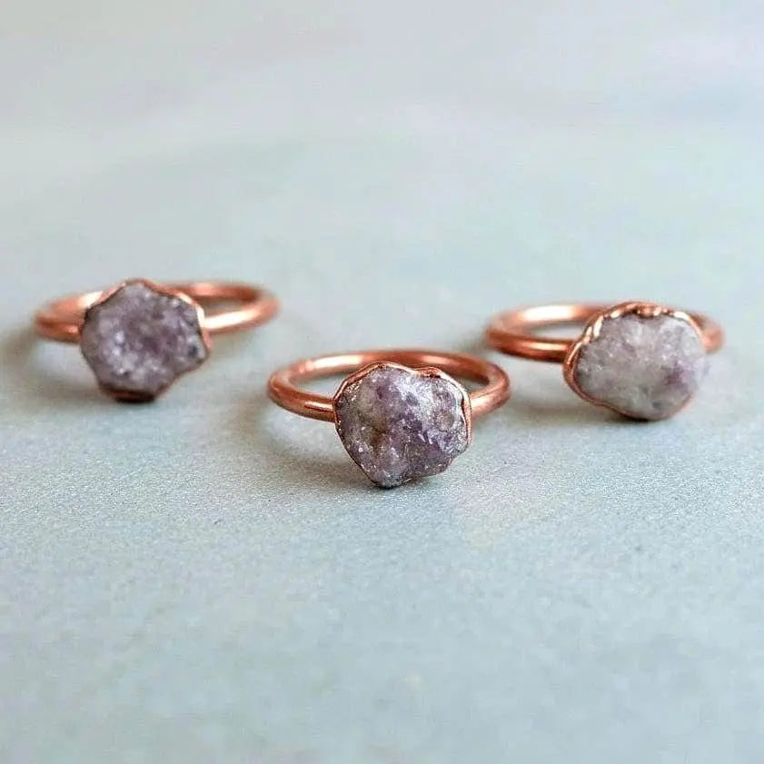 Electroformed Lepidolite Crystal Ring: Raw Stone Copper Boho Jewelry - BlackbirdSageStudio