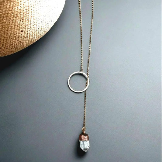 Raw Quartz Lariat Necklace: Electroformed Copper Boho Y Necklace - BlackbirdSageStudio