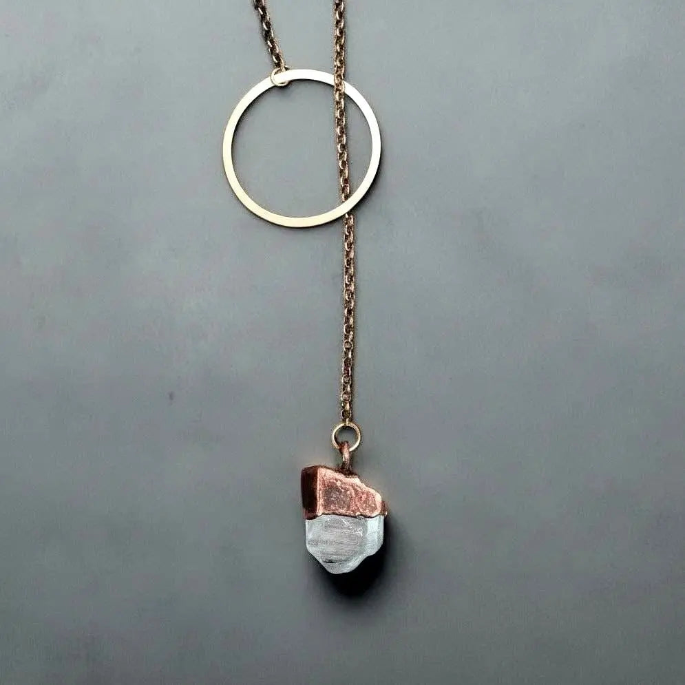 Raw Quartz Lariat Necklace: Electroformed Copper Boho Y Necklace - BlackbirdSageStudio