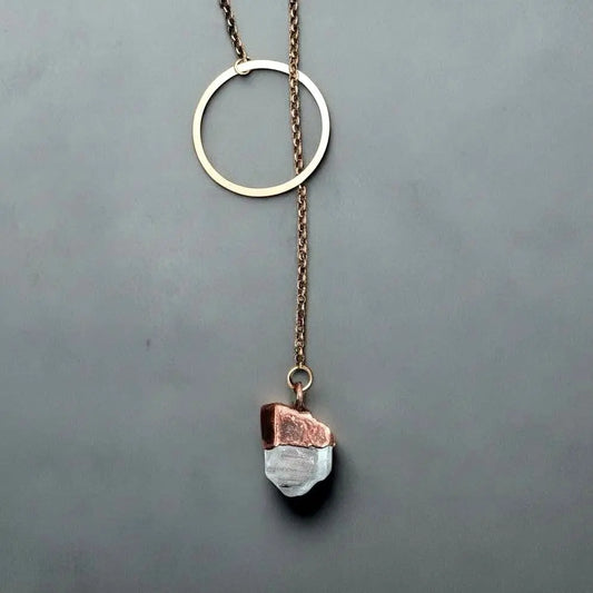 Raw Quartz Lariat Necklace: Electroformed Copper Boho Y Necklace - BlackbirdSageStudio
