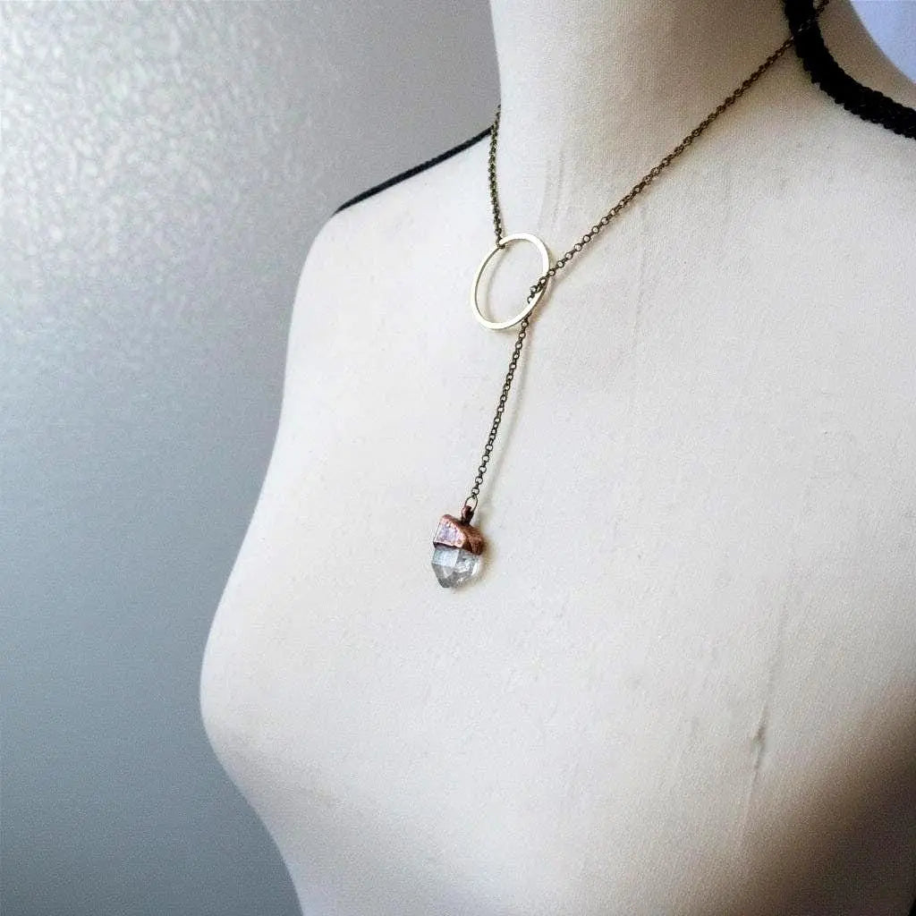 Raw Quartz Lariat Necklace: Electroformed Copper Boho Y Necklace - BlackbirdSageStudio