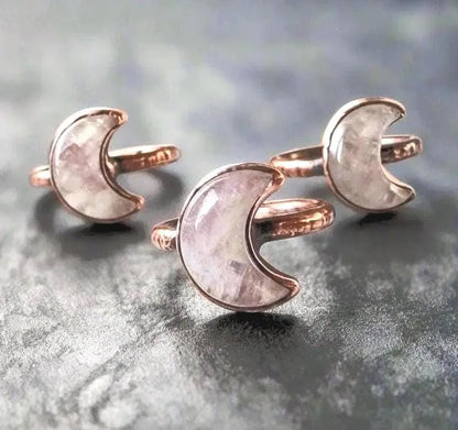 Kunzite Crescent Moon Ring: Electroformed Copper Boho Jewelry - BlackbirdSageStudio