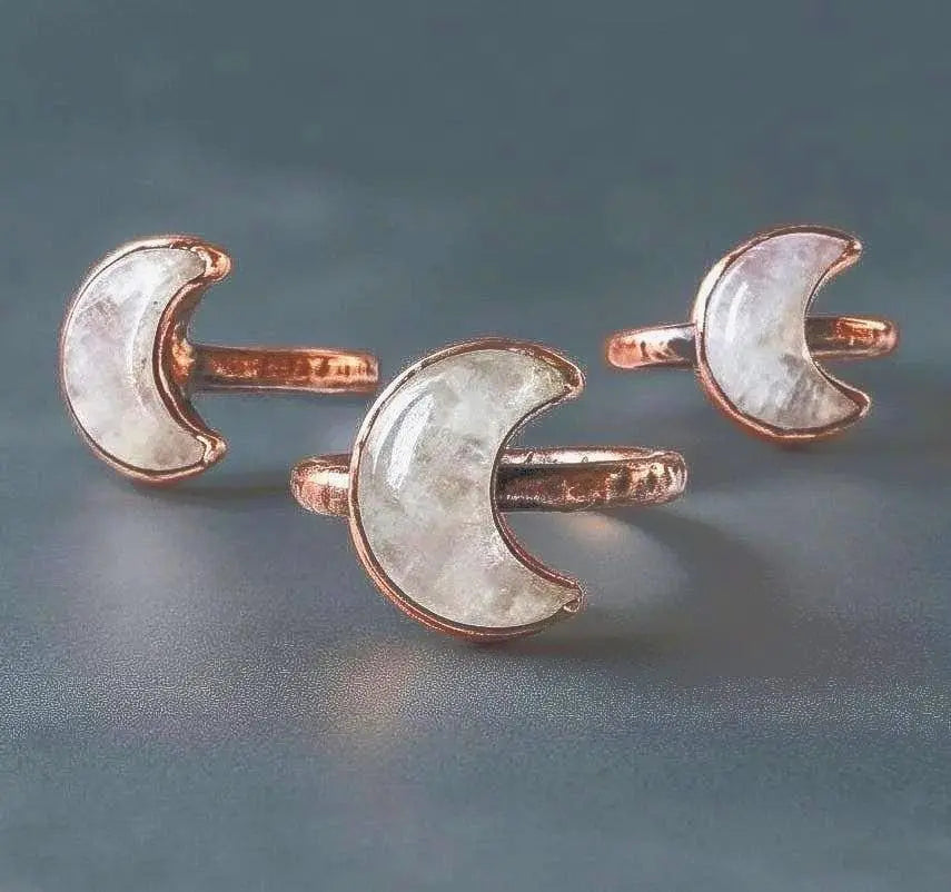 Kunzite Crescent Moon Ring: Electroformed Copper Boho Jewelry - BlackbirdSageStudio