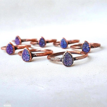Electroformed Copper Ring: Purple Druzy Quartz Teardrop, Boho Rustic - BlackbirdSageStudio
