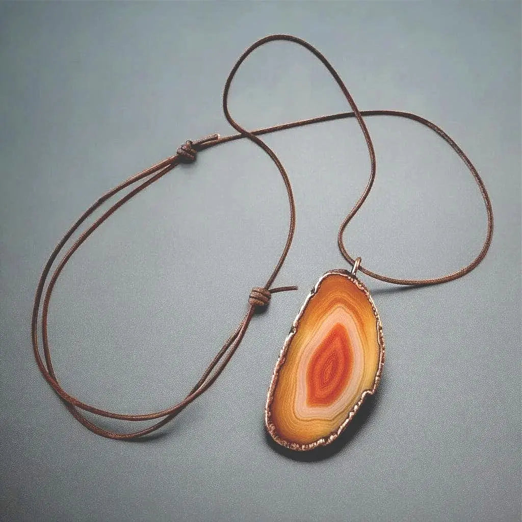 Red Agate Slice Necklace: Electroformed Copper Pendant, Leather Cord - BlackbirdSageStudio