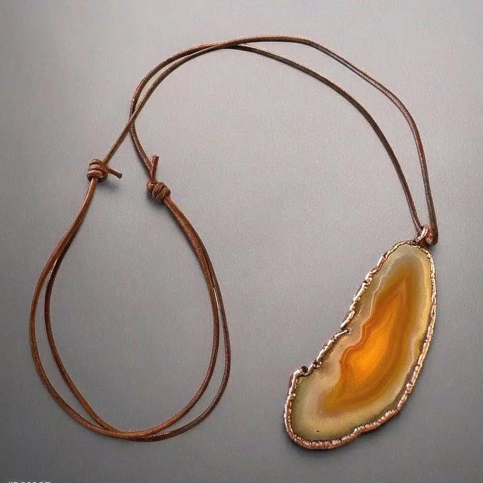 Red Agate Slice Necklace: Electroformed Copper Pendant, Leather Cord - BlackbirdSageStudio