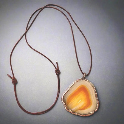 Red Agate Slice Necklace: Electroformed Copper Pendant, Leather Cord - BlackbirdSageStudio
