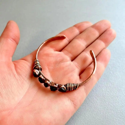 Raw Black Tourmaline Copper Cuff Bracelet: Electroformed Stone Bangle - BlackbirdSageStudio