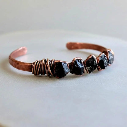 Raw Black Tourmaline Copper Cuff Bracelet: Electroformed Stone Bangle - BlackbirdSageStudio