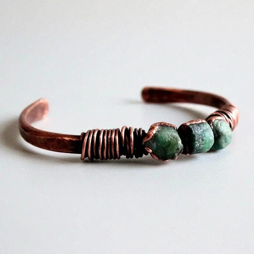 Raw Emerald Copper Bracelet | Electroformed Cuff | Hand Hammered | Bronze Wire Wrap | Antique Copper Finish - BlackbirdSageStudio