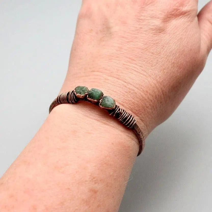 Raw Emerald Copper Bracelet | Electroformed Cuff | Hand Hammered | Bronze Wire Wrap | Antique Copper Finish - BlackbirdSageStudio