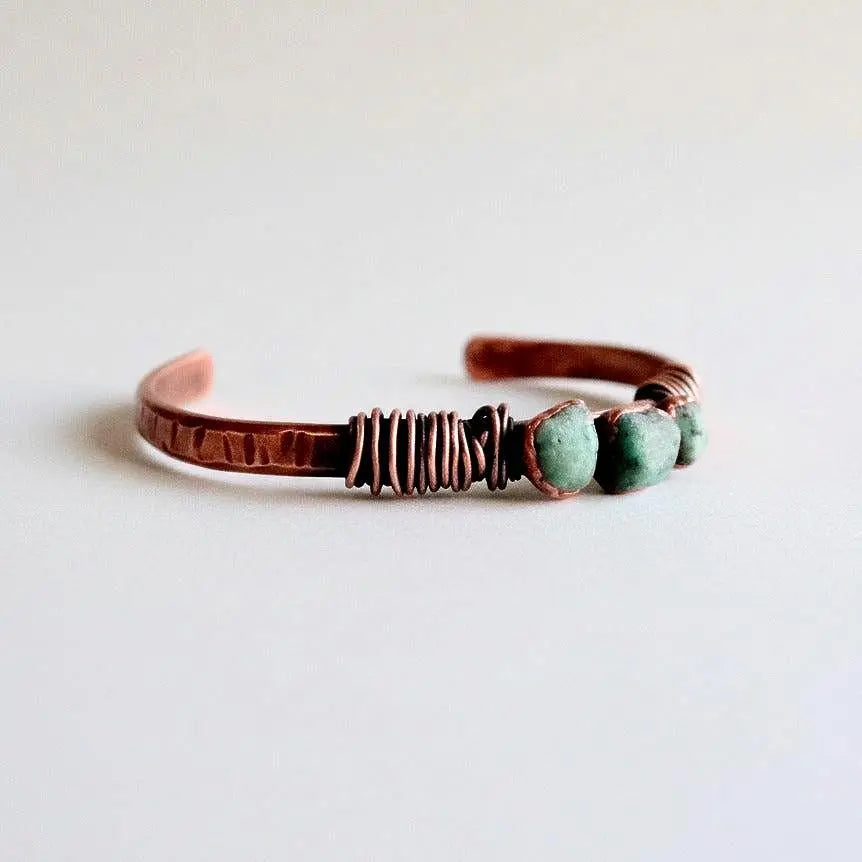 Raw Emerald Copper Bracelet | Electroformed Cuff | Hand Hammered | Bronze Wire Wrap | Antique Copper Finish - BlackbirdSageStudio