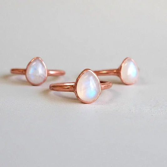 Rainbow Moonstone Ring | June Birthstone | 9x7mm Teardrop | Electroformed Copper | Bright or Antique Finish - BlackbirdSageStudio