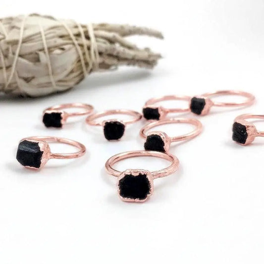 Black Tourmaline Ring | Raw Crystal Ring | Electroformed Copper | Grounding Protection | Bright or Antique Finish - BlackbirdSageStudio