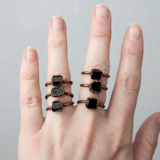 Black Tourmaline Ring | Raw Crystal Ring | Electroformed Copper | Grounding Protection | Bright or Antique Finish - BlackbirdSageStudio