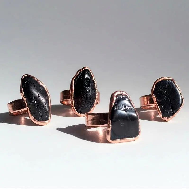 Black Tourmaline Statement Ring | Wide Band | Semi-Tumbled Stone | Size 8 | Bright Copper | Grounding Protection - BlackbirdSageStudio