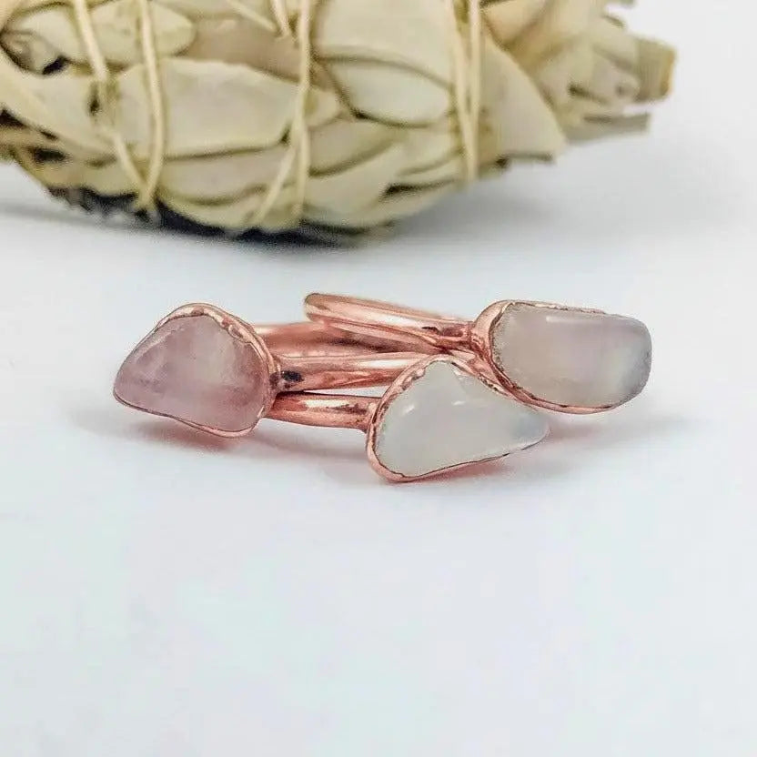 Rose Quartz Electroformed Copper Ring | Tumbled Stone Band Made to Order - BlackbirdSageStudio