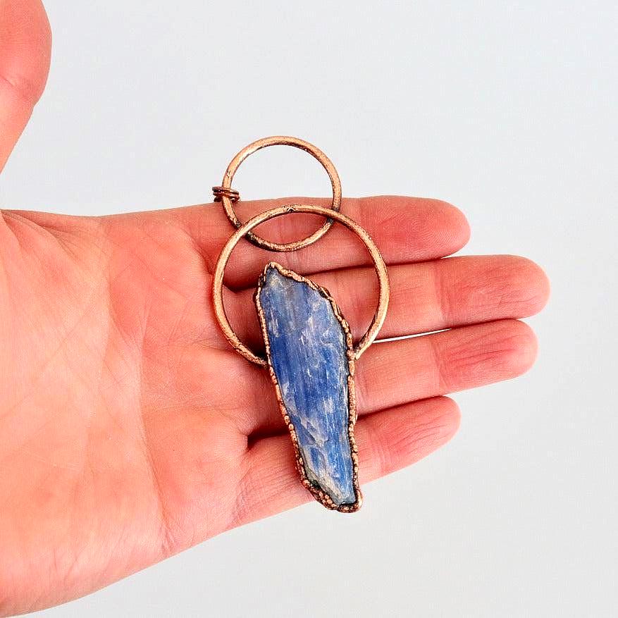 Raw Blue Kyanite Crystal Pendant Necklace, Electroformed Copper Chain - BlackbirdSageStudio