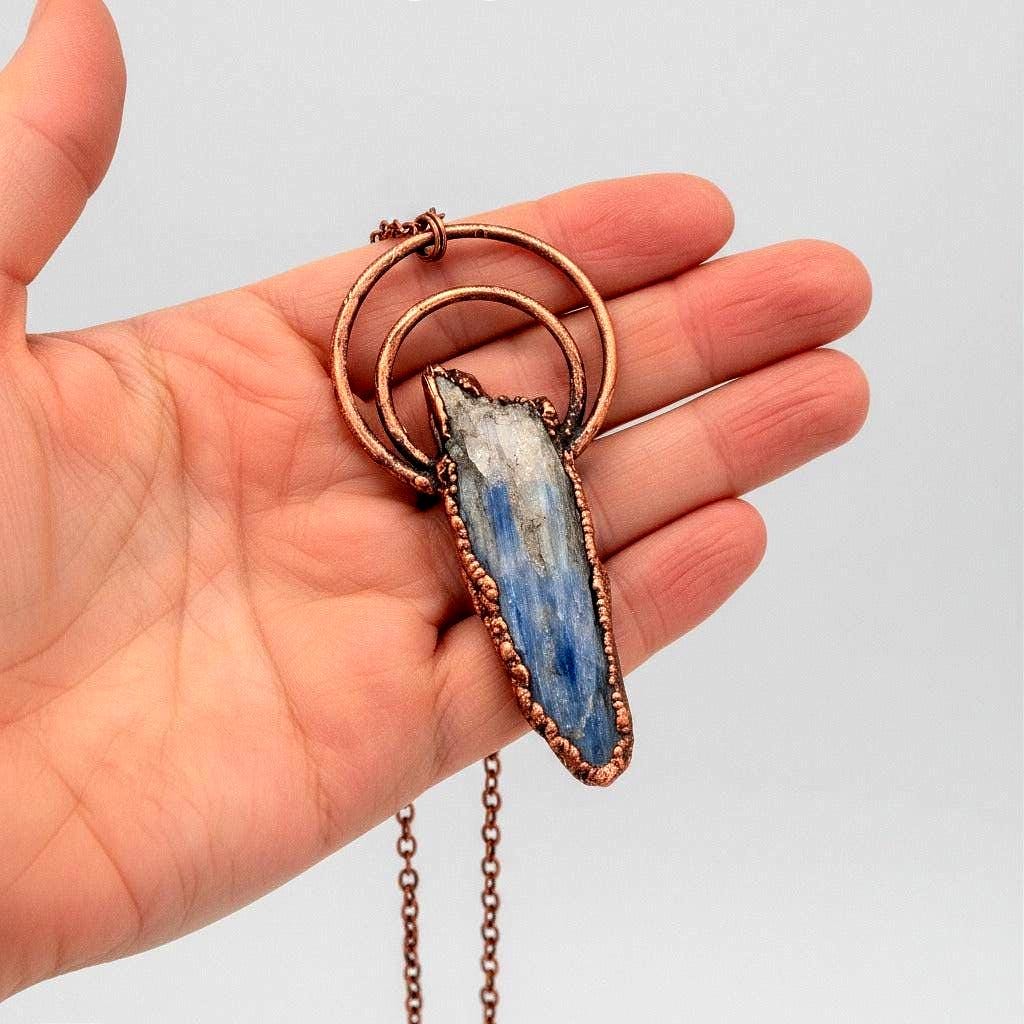 Raw Blue Kyanite Necklace | Electroformed Copper Crystal | Natural Blade Stone Pendant - BlackbirdSageStudio